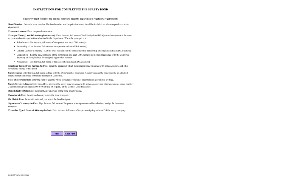 Form DL524 ETP Employer Testing Program Surety Bond - California, Page 3