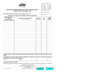 Document preview: Form DL803 Driver Education/Behind-The-Wheel Training (De/Dt) Completion Certificate Log - California