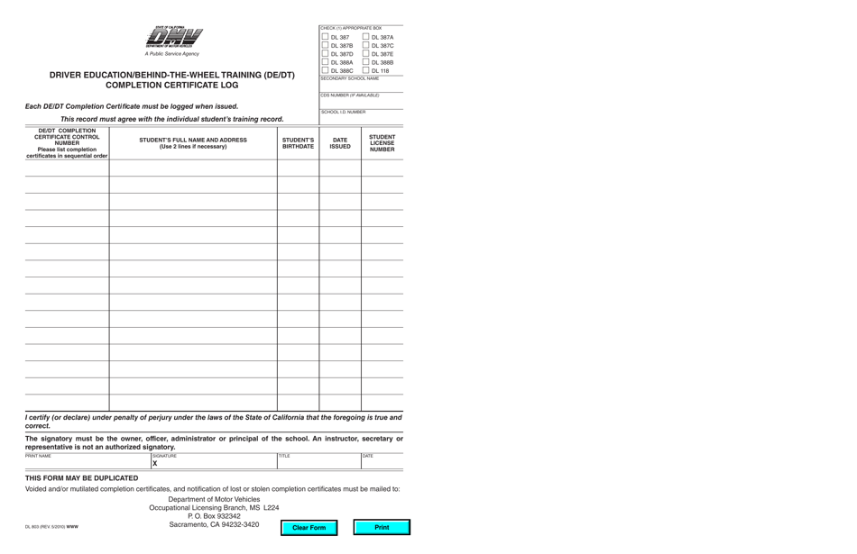 Form DL803 Driver Education / Behind-The-Wheel Training (De / Dt) Completion Certificate Log - California, Page 1