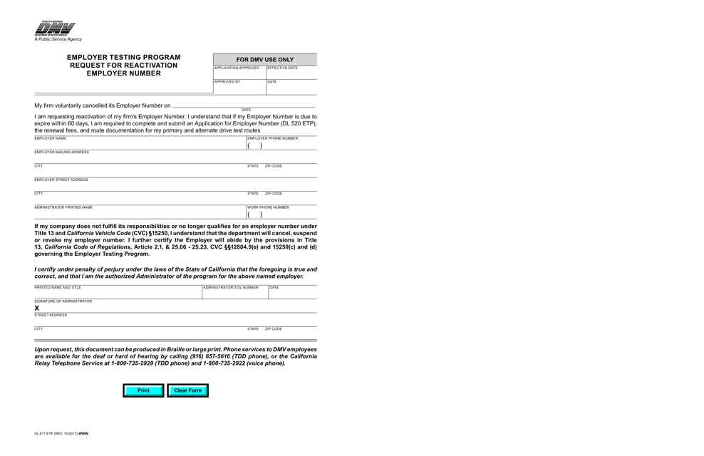 Form DL817 ETP Request for Reactivation Employer Number - Employer Testing Program - California