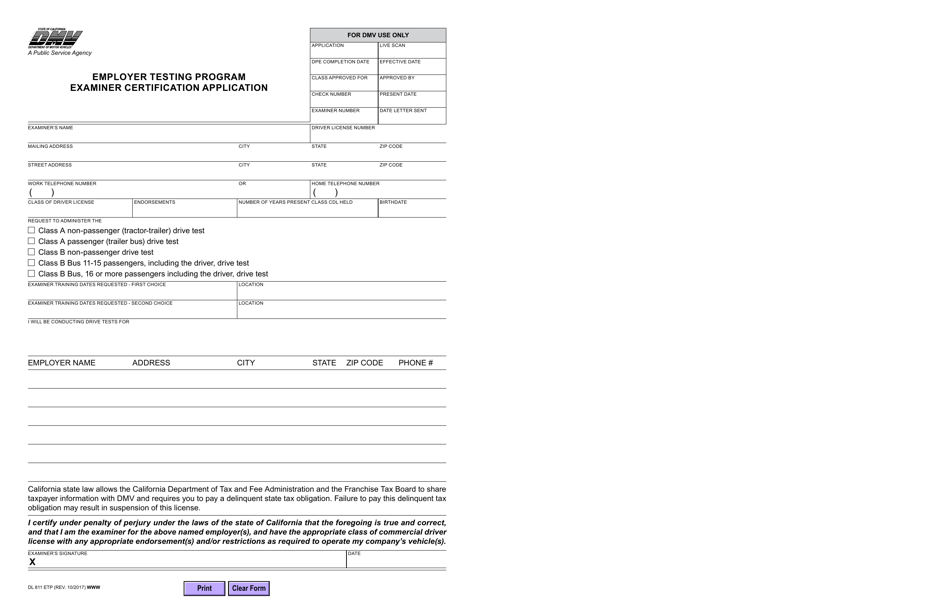 Form DL811 ETP Examiner Certification Application - Employer Testing Program - California, Page 1