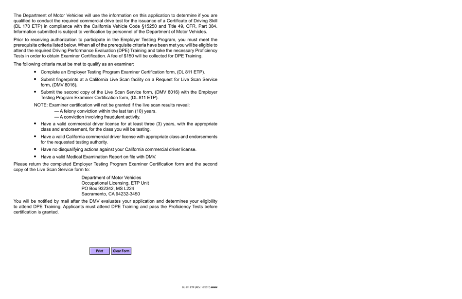 Form DL811 ETP Examiner Certification Application - Employer Testing Program - California, Page 2