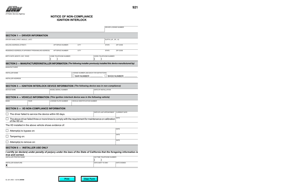 Form DL921 Notice of Non-compliance Ignition Interlock - California