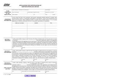 Form DL9 &quot;Application for Certification of Ignition Interlock Device&quot; - California