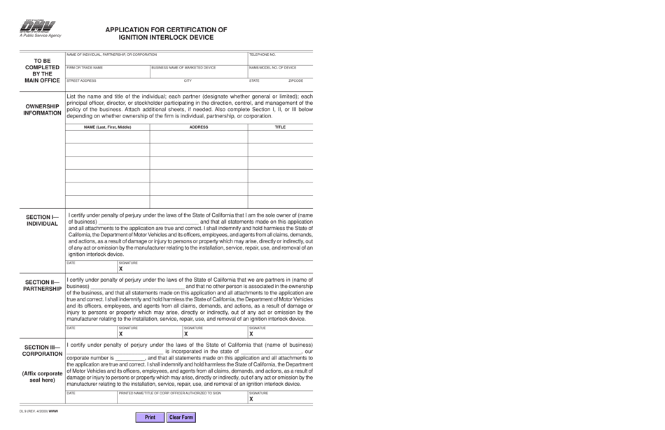 Form DL9 Application for Certification of Ignition Interlock Device - California, Page 1