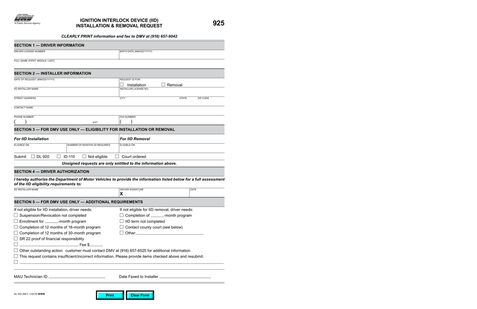 Form DL925 Ignition Interlock Device (Iid) Installation and Removal Request - California, Page 1