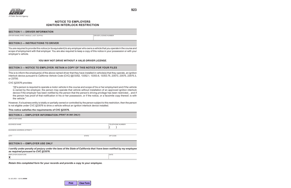 Form DL923 Notice to Employers Ignition Interlock Restriction - California, Page 1