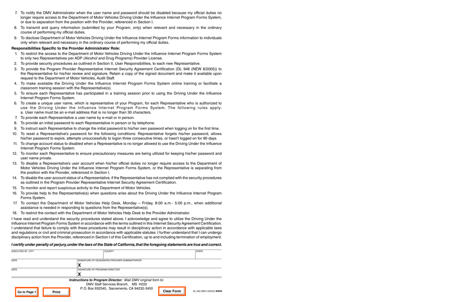 Form DL945 Internet Security Agreement Certification Program Provider Administrator - California, Page 2