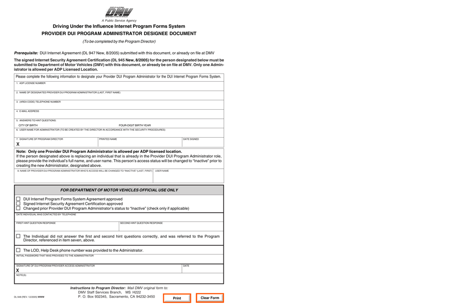 Form DL948 Provider Dui Program Administrator Designee Document - California, Page 1