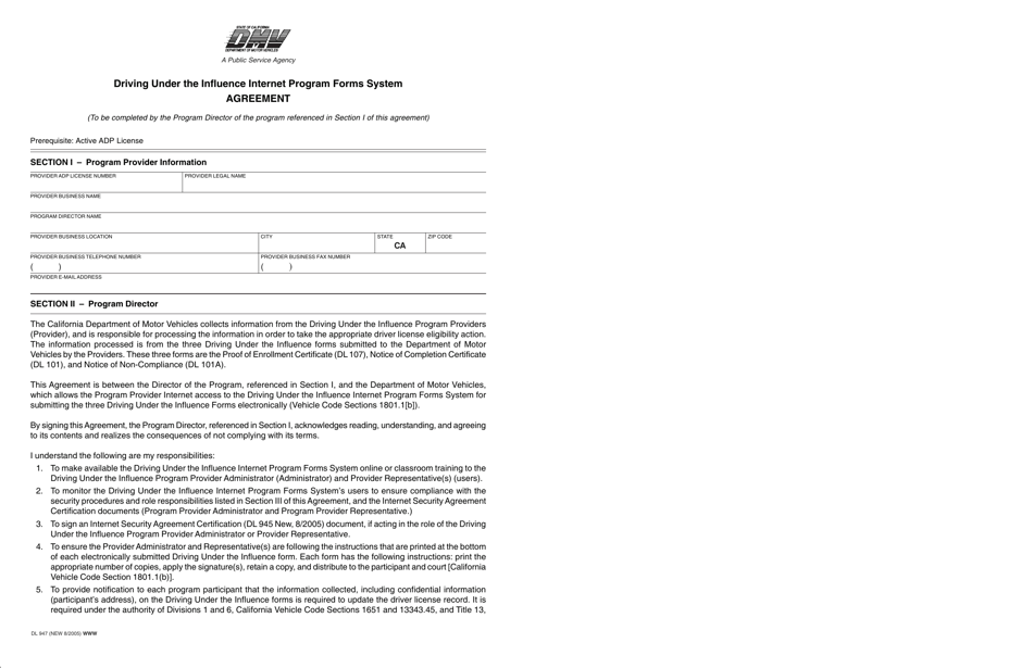 Form DL947 Driving Under the Influence Internet Program Forms Systems Agreement - California, Page 1
