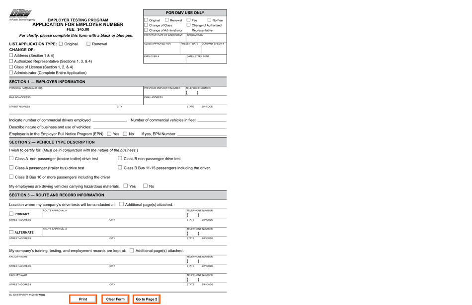 Form DL520 ETP Application for Employer Number - Employer Testing Program - California, Page 1