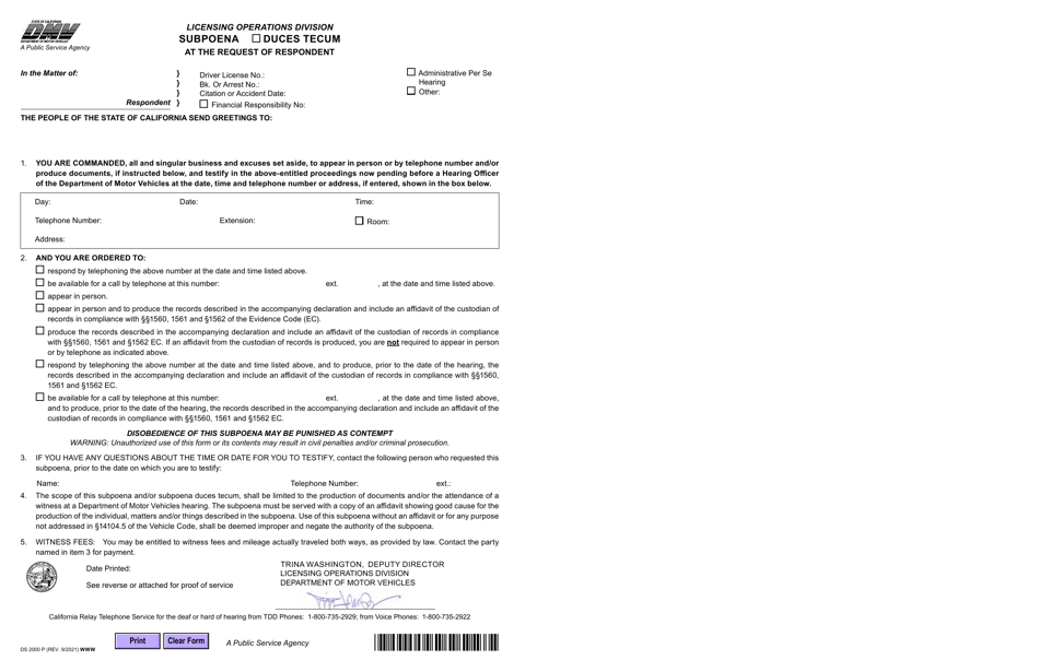 Form DS2000 P Subpoena Duces Tecum Public - California, Page 1
