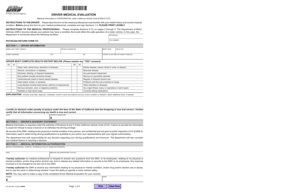 Form DS326 Driver Medical Evaluation - California, Page 1