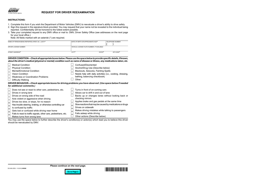 Form DS699 Request for Driver Reexamination - California, Page 1