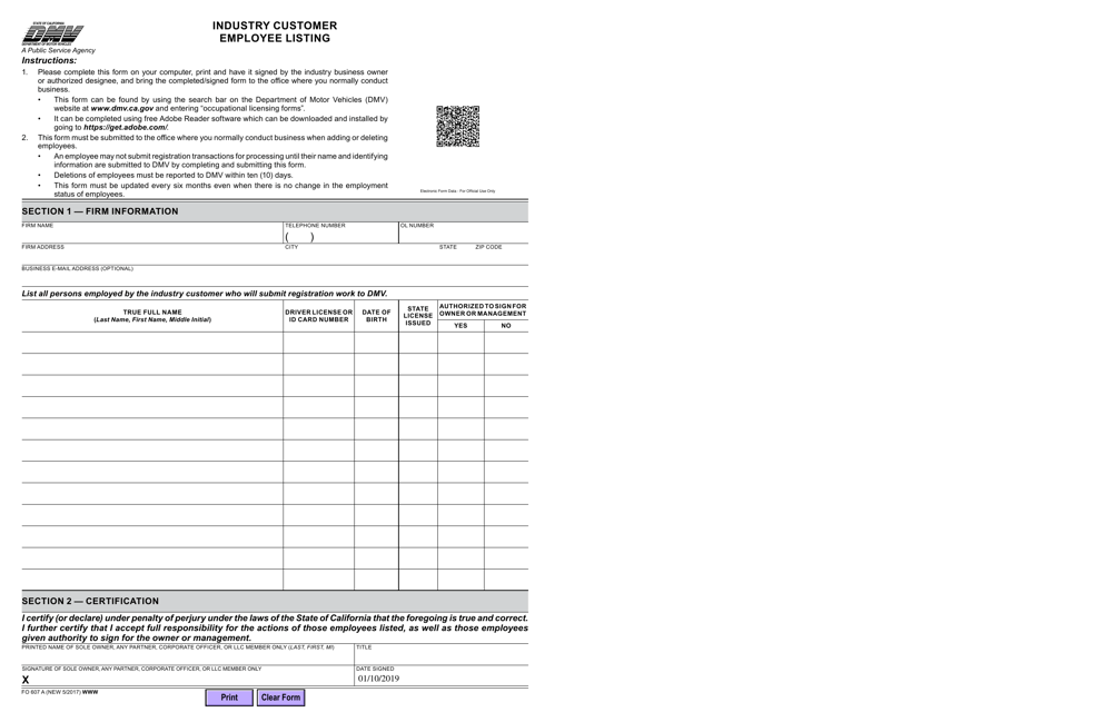 Form FO607A Industry Customer Employee Listing - California