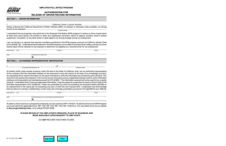 Form INF1101 Download Fillable PDF or Fill Online Authorization for Release of Driver Record