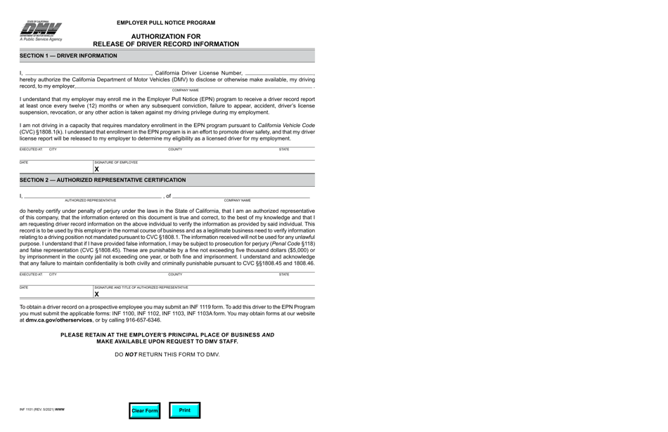 Form INF1101 Authorization for Release of Driver Record Information - Employer Pull Notice Program - California, Page 1