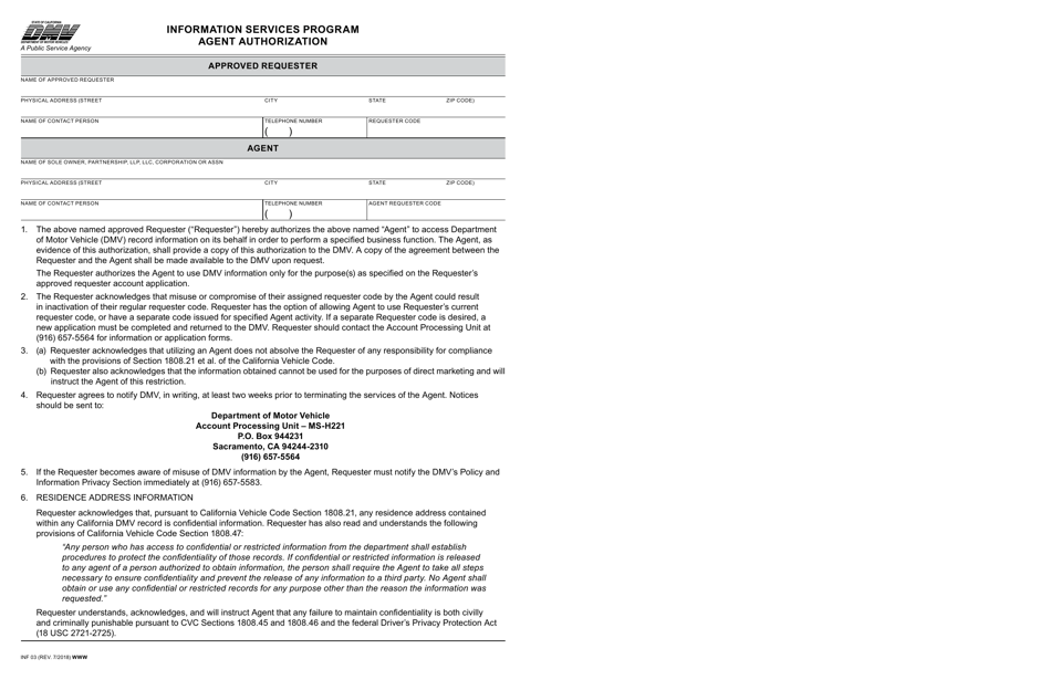 Form INF03 Agent Authorization - Information Services Program - California, Page 1