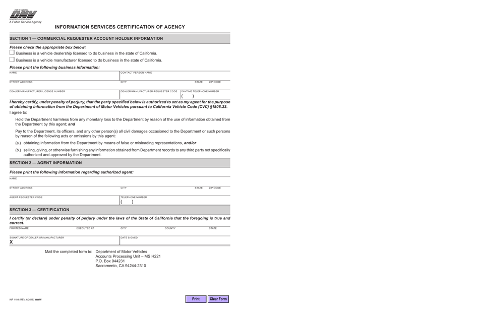 Form INF1184 Information Services Certification of Agency - California, Page 1