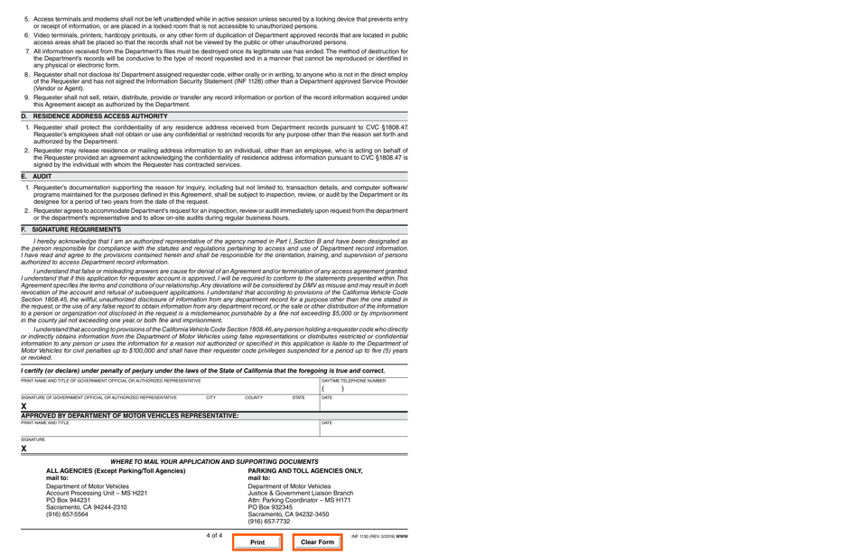 Form INF1130 Government Requester Account Application - California, Page 4