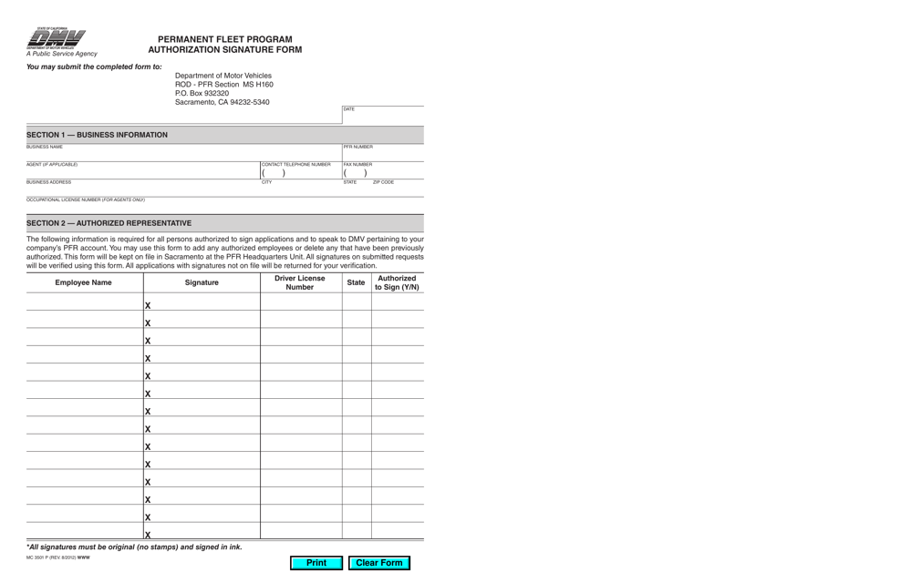Form MC3501 P Authorization Signature Form - Permanent Fleet Program - California