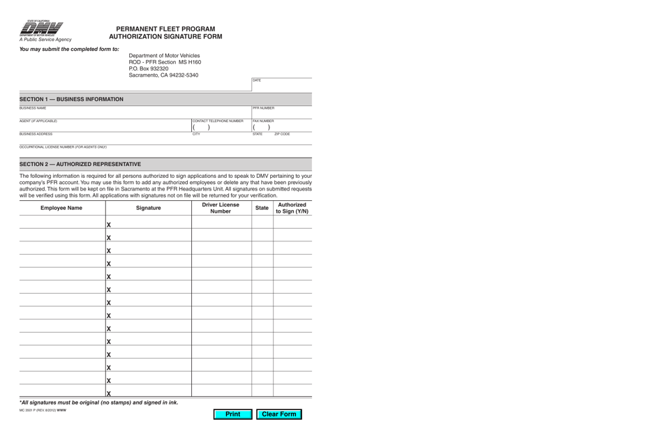 Form MC3501 P Authorization Signature Form - Permanent Fleet Program - California, Page 1