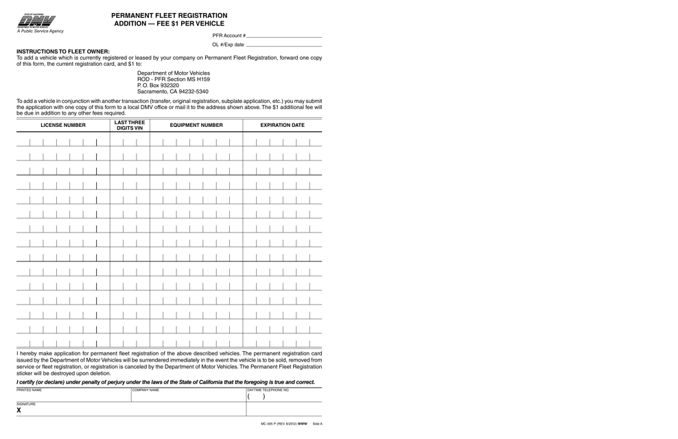 Form MC495 P Permanent Fleet Registration Addition/Deletion - California