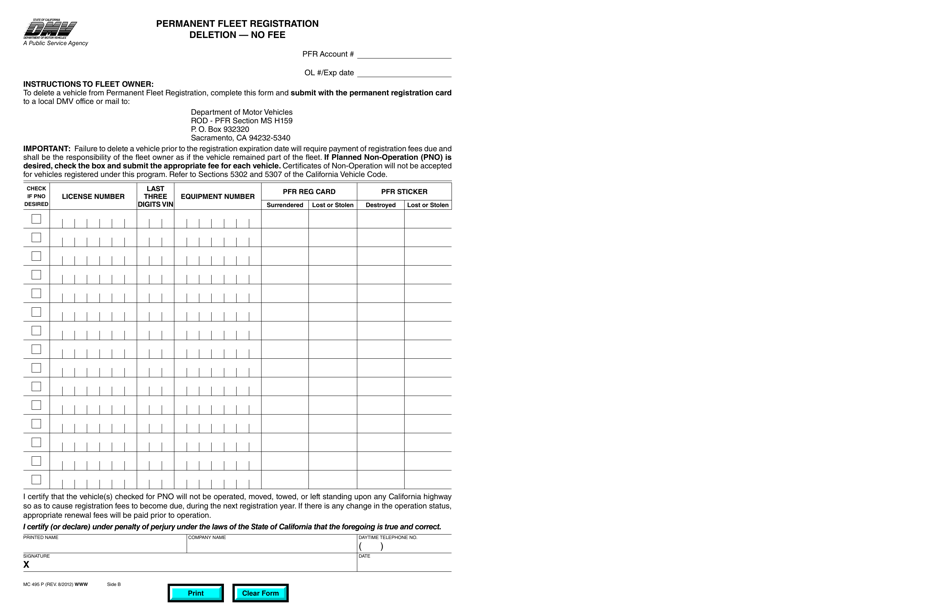 Form MC495 P Permanent Fleet Registration Addition / Deletion - California, Page 2