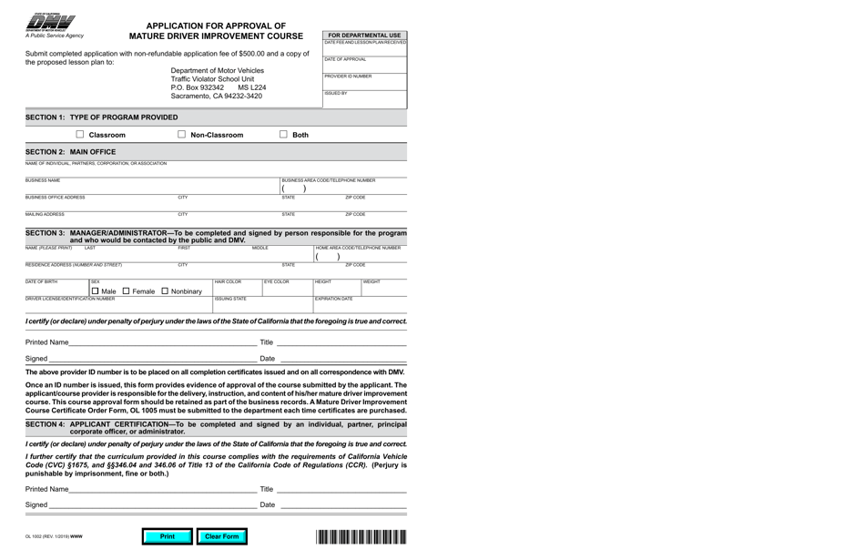 Form OL1002 Application for Approval of Mature Driver Improvement Course - California, Page 1