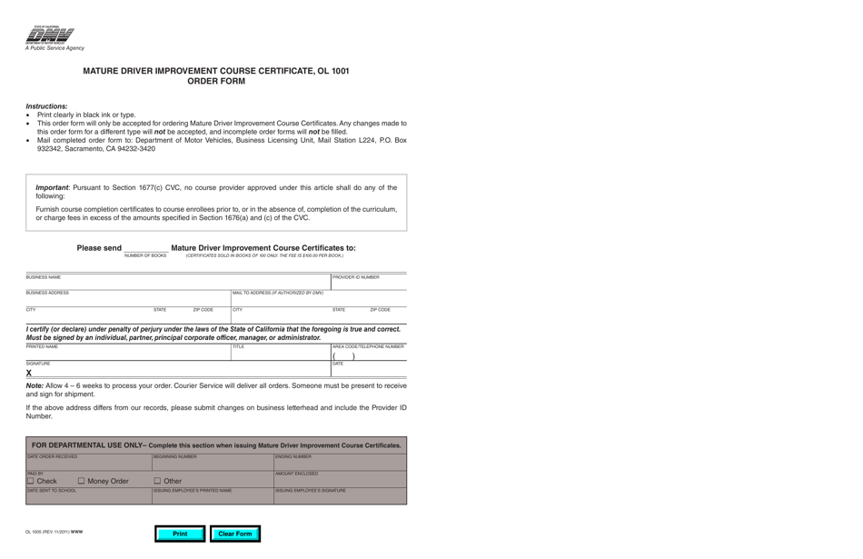 Form OL1005 Mature Driver Completion Certificate Order Form - California, Page 1
