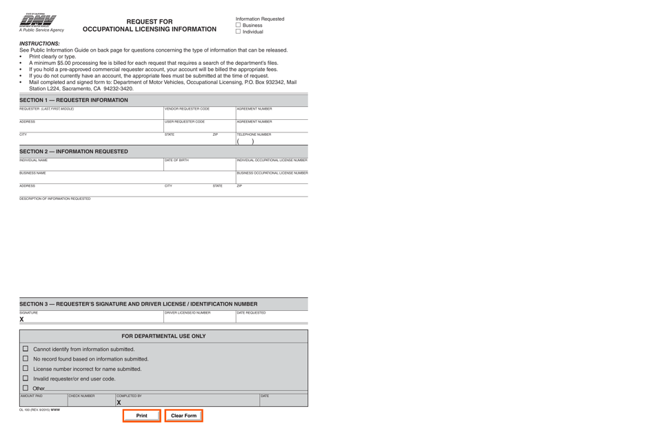 Form OL100 - Fill Out, Sign Online and Download Fillable PDF ...