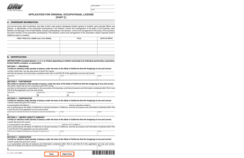 Form OL12 Part C Application for Original Occupational License - California, Page 1