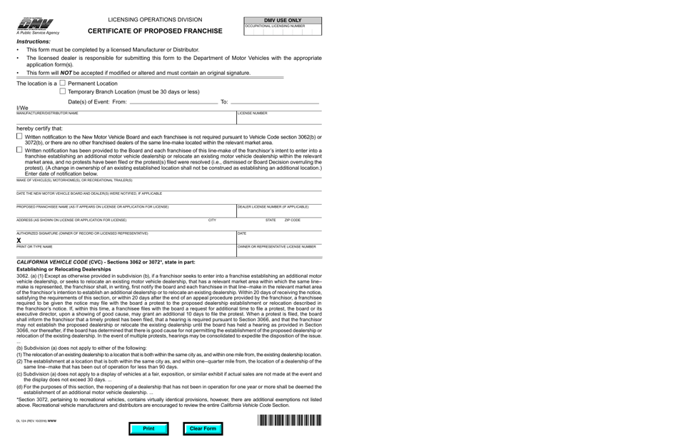 Form OL124 Certificate of Proposed Franchise - California, Page 1