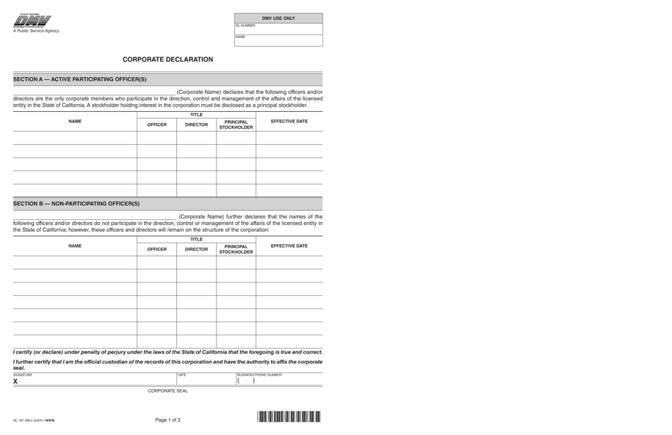 Form OL107 Corporate Declaration - California, Page 1