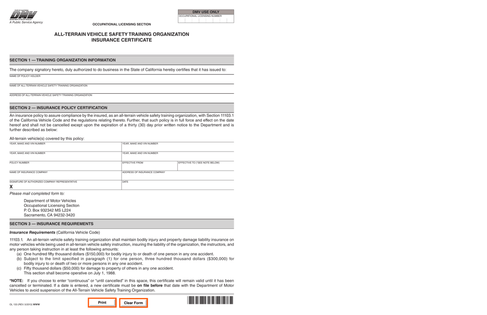 Form OL133 All-terrain Vehicle Safety Training Organization Insurance Certificate - California, Page 1