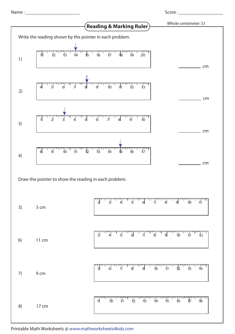 Reading and Marking Ruler Worksheet With Answer Key preview image
