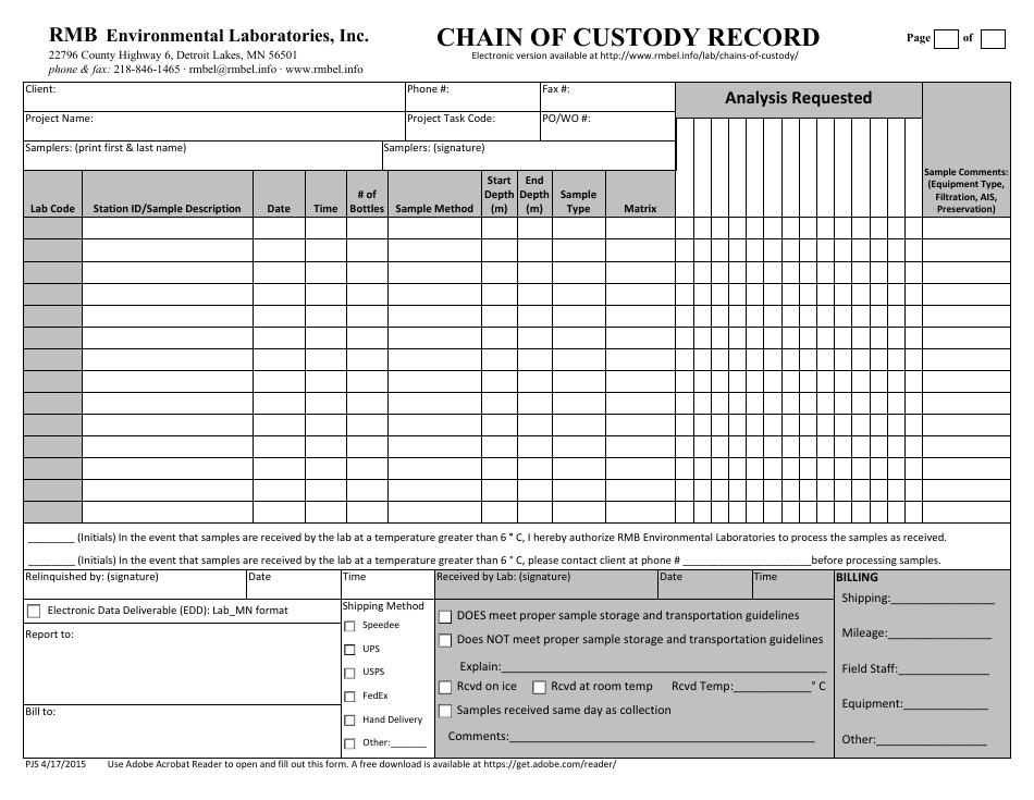 Chain of Custody Form - Rmb Environmental Laboratories, Inc, Page 1