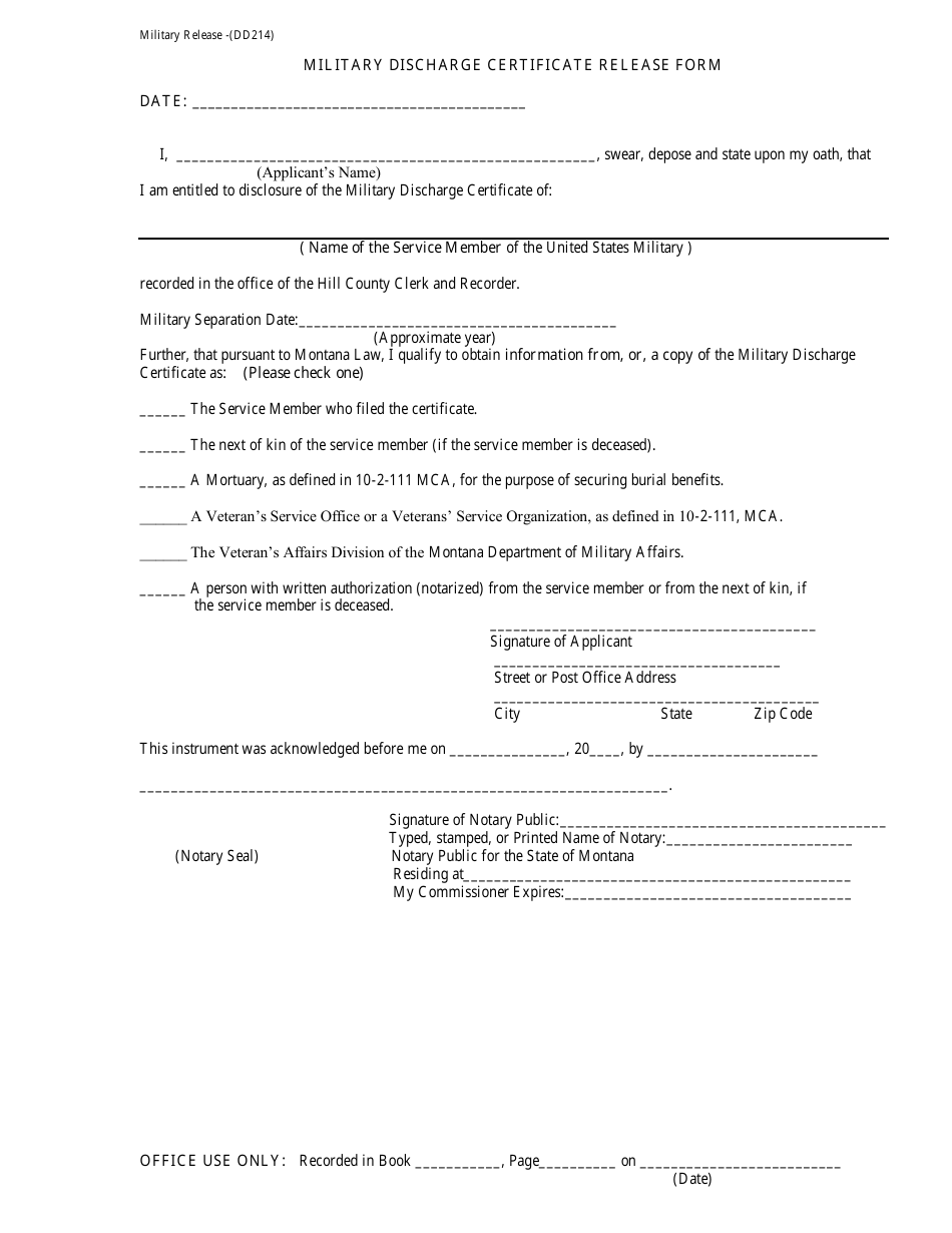 Military Discharge Certificate Release Form, Page 1