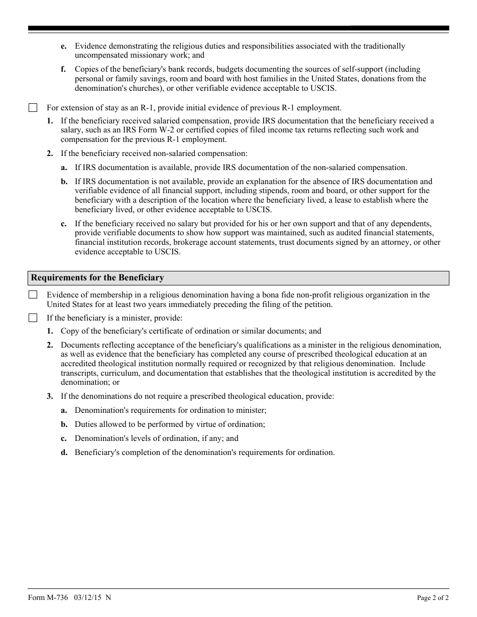USCIS Form M-736 Optional Checklist for Form I-129 R-1 Filings, Page 2