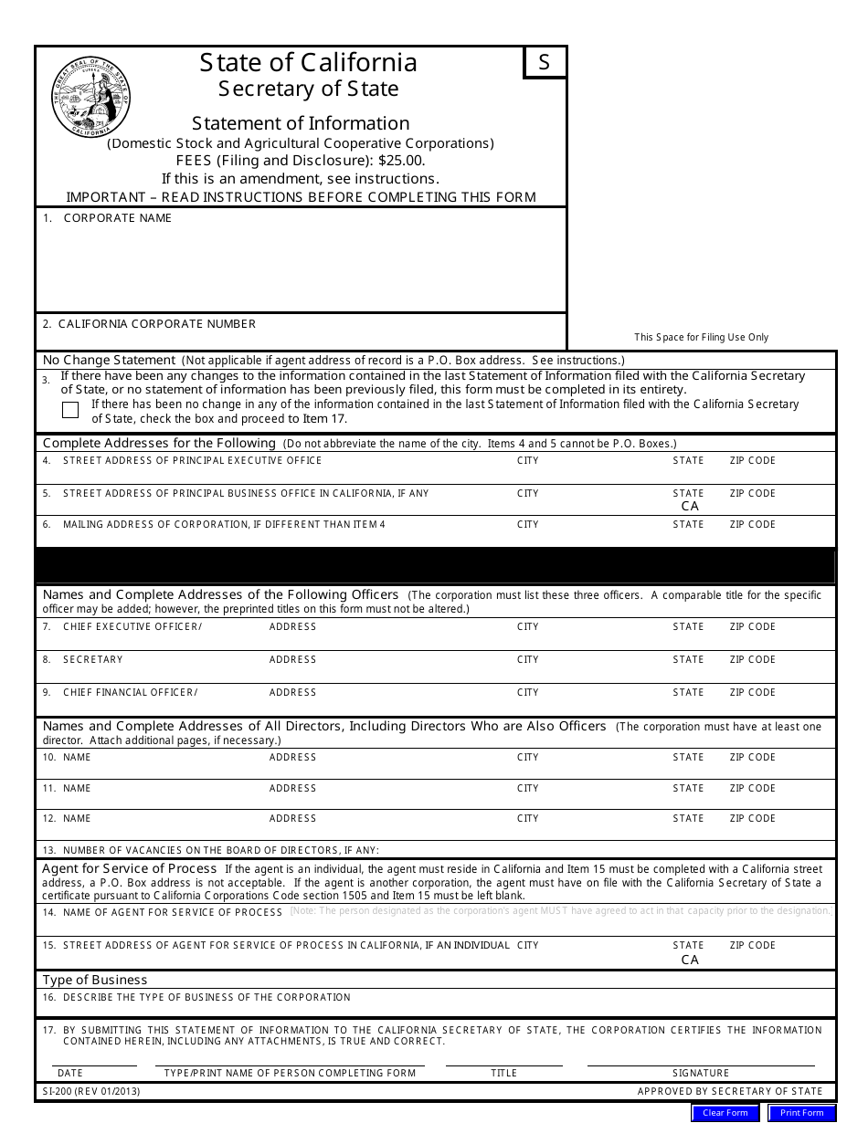 Form SI-200 Statement of Information (Domestic Stock and Agricultural Cooperative Corporations) - California, Page 3