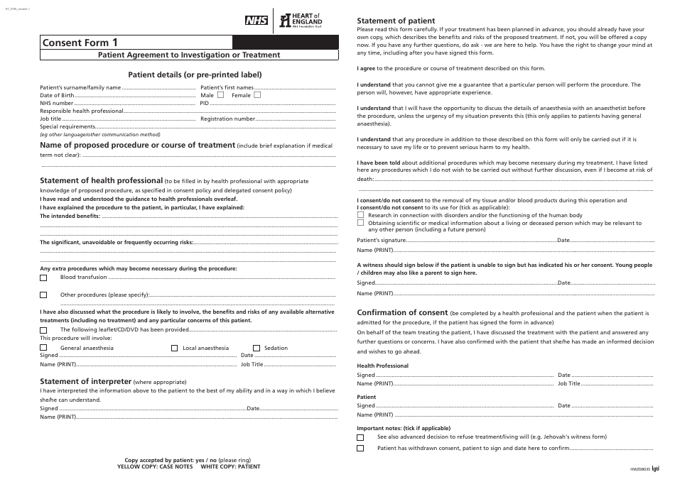 Form HWZ0803S Consent Form 1 - Patient Agreement to Investigation or Treatment - United Kingdom, Page 1