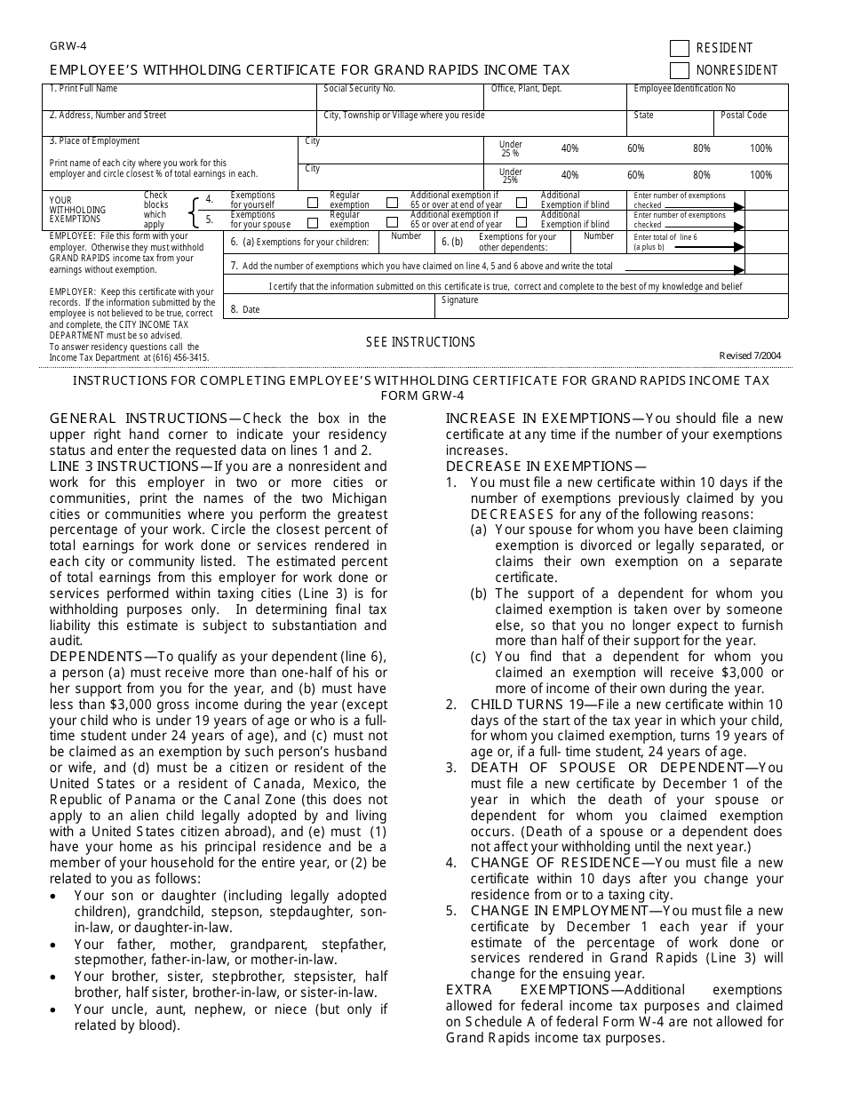 Form GRW-4 Employees Withholding Certificate for Grand Rapids Income Tax - Grand Rapids, Michigan, Page 1