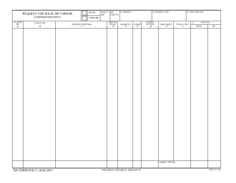 DA Form 3161-1 Request for Issue or Turn-In (Continuation Sheet), Page 1