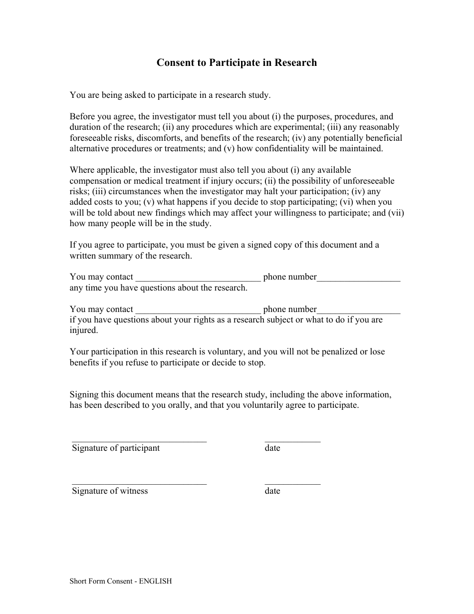 sample consent form for participation in research
