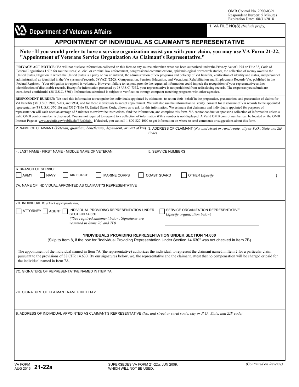 VA Form 21-22A Appointment of Individual as Claimants Representative, Page 1