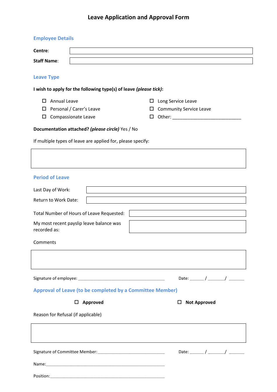 Leave Application and Approval Form, Page 1
