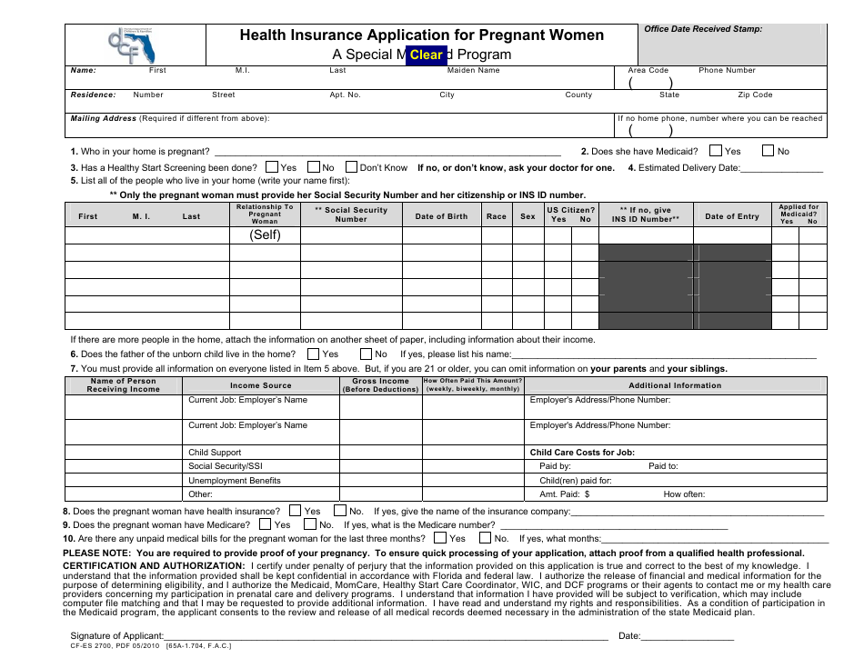 Form CF-ES2700 Health Insurance Application for Pregnant Women - Florida, Page 1