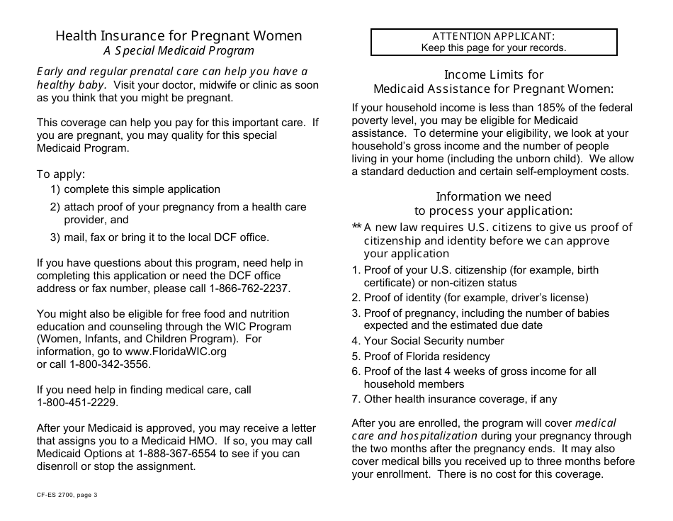 Form CF-ES2700 Health Insurance Application for Pregnant Women - Florida, Page 3