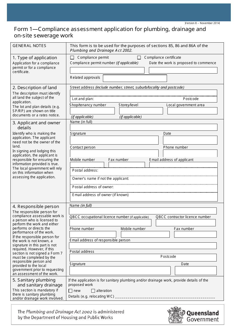 Form 1 Compliance Assessment Application for Plumbing, Drainage and on-Site Sewerage Work - Queensland, Australia, Page 1
