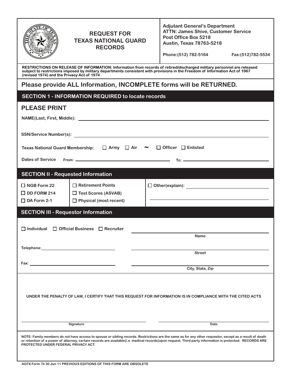 Form 74 Request for Texas National Guard Records - Austin, Texas, Page 1